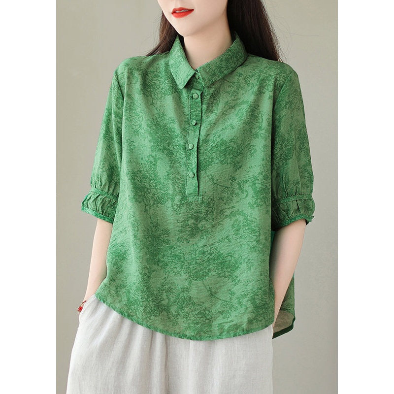 Green Print Cotton Shirts Peter Pan Collar Plus Size Summer