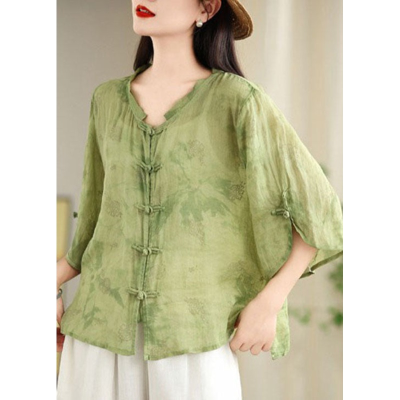 Loose Green Oriental Button Jacquard Cotton Shirt Tops Summer