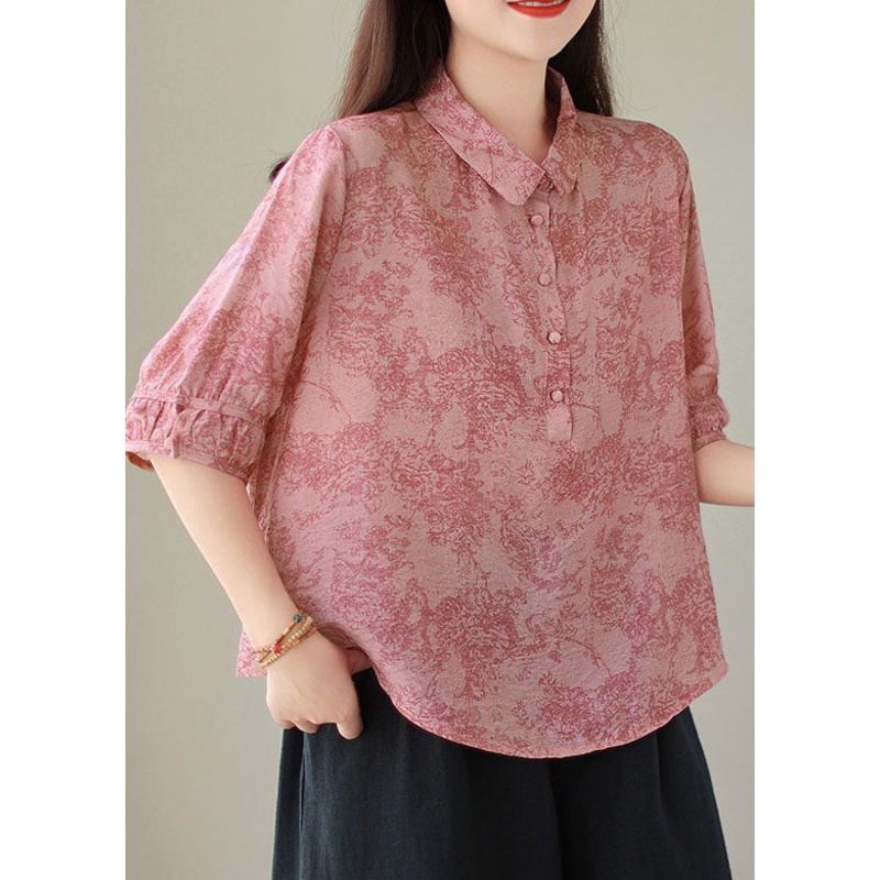 Loose Pink Peter Pan Collar Print Cotton Blouse Tops Summer