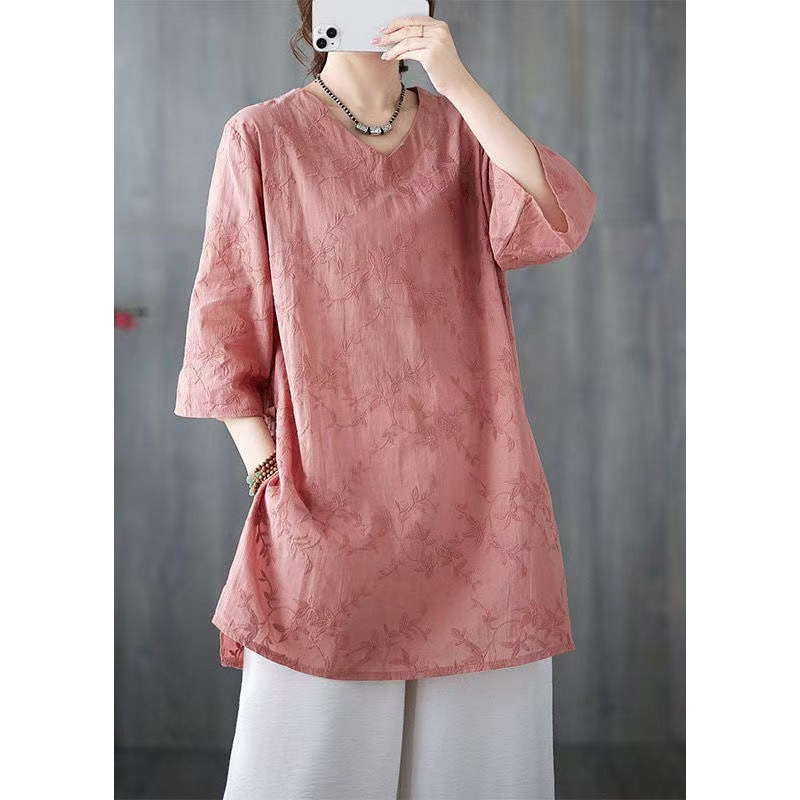 Loose Pink V Neck Embroidered Cotton Top Bracelet Sleeve