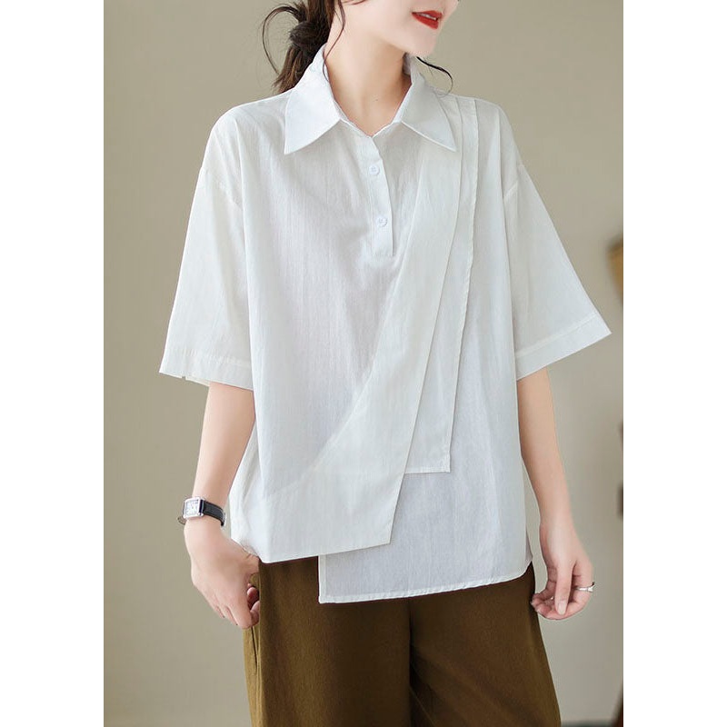 New White Asymmetrical Button Patchwork Cotton Shirt Summer