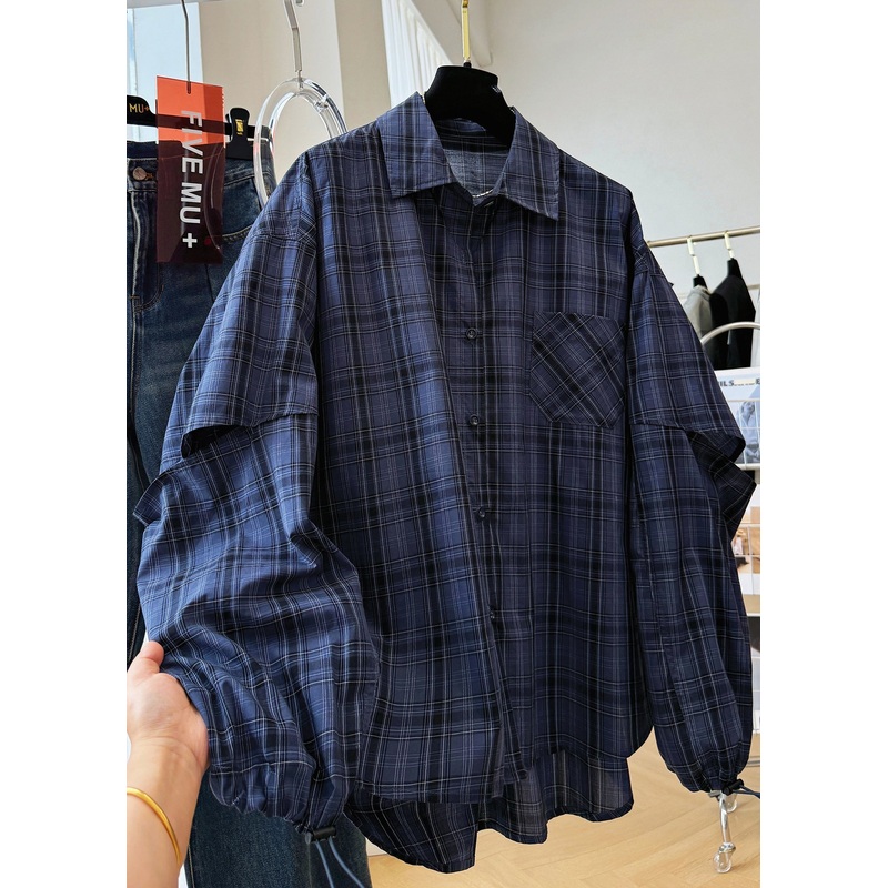 Plus Size Navy Peter Pan Collar Plaid Drawstring Cotton Shirt Top Fall