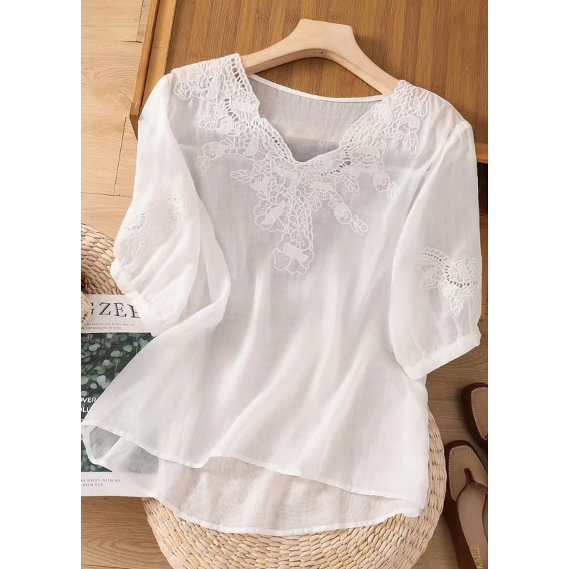 Simple White V Neck Embroidered Cotton Tops Summer