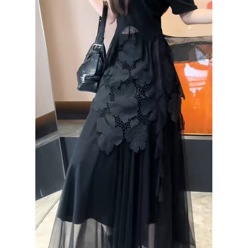 Slim Fit Black Hollow Out Patchwork Tulle Skirt Summer
