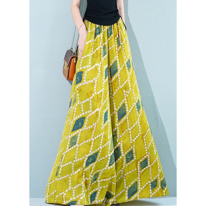 Stylish Yellow Plaid Pockets Chiffon Wide Leg Pants Summer