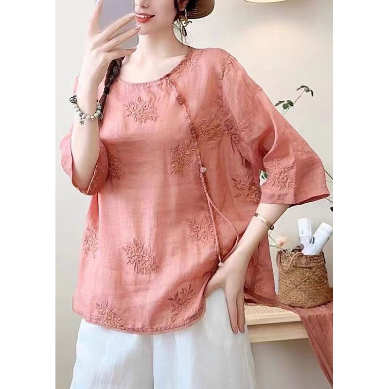 Vintage Brick Red Tassel Embroidered Cotton Top Summer