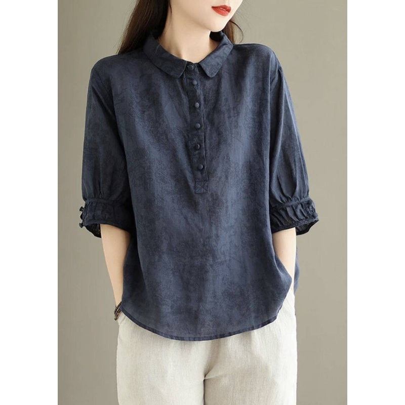 Vintage Navy Peter Pan Collar Print Cotton Shirt Top Summer