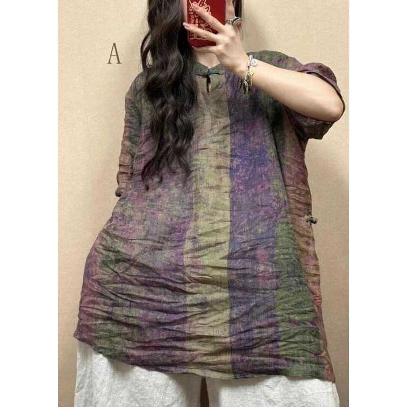 Vintage Stand Collar Oriental Button Cotton Mid Dress Summer
