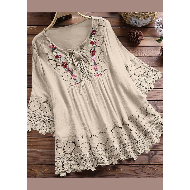 Women Apricot O Neck Patchwork Lace T Shirt Summer