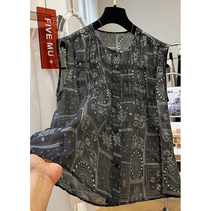 Women Black O Neck Print Button Cotton Tops Sleeveless