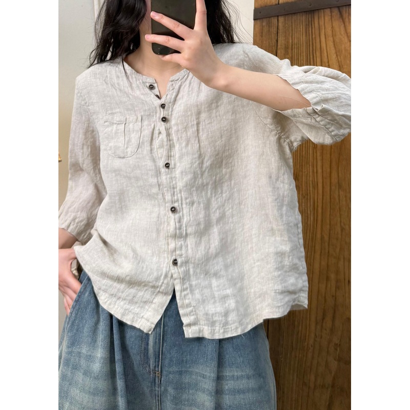 Women Linen Color O Neck Button Cotton Blouses Fall