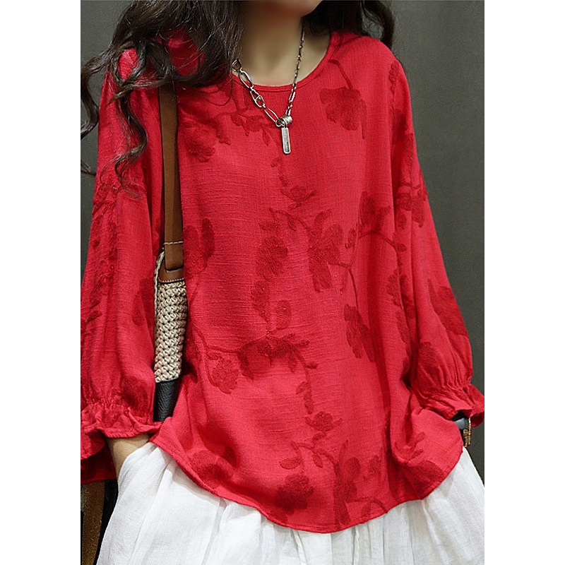 Women Red O Neck Embroidered Linen Shirt Tops Lantern Sleeve