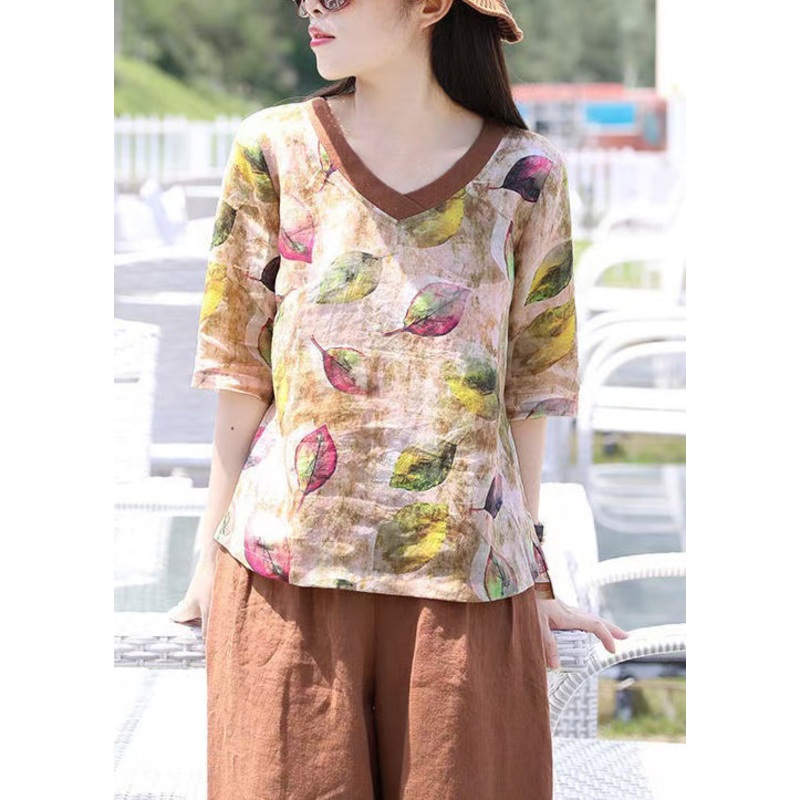 Women V Neck Print Loose Cotton Blouse Top Summer