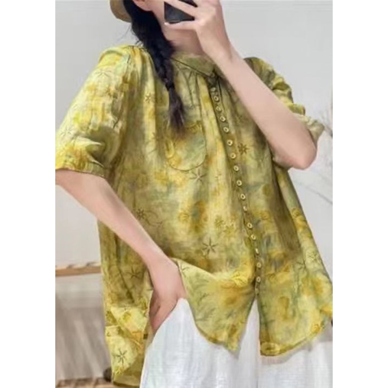 Women Yellow Peter Pan Collar Print Cotton Blouse Tops Summer
